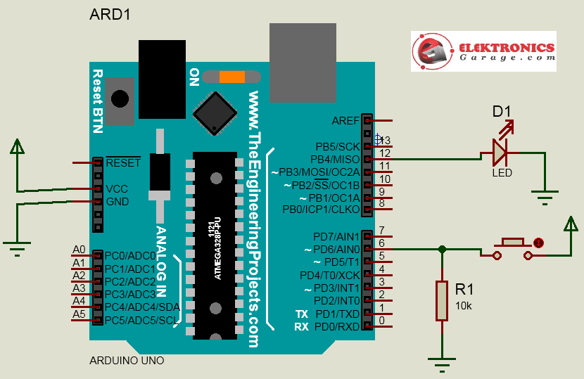 Button LED with Arduino Uno - Electronics Garage image.