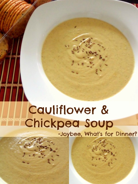 Cauliflower and Chickpea Soup:  A creamy, vegan, soup made with chickpeas, cauliflower, coconut milk, and warm spices
