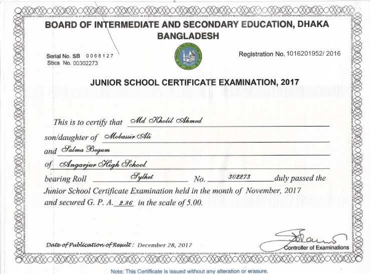 JSC Certificate psd DHAKA Board Code JSCDB 15320 PSD Bank BD
