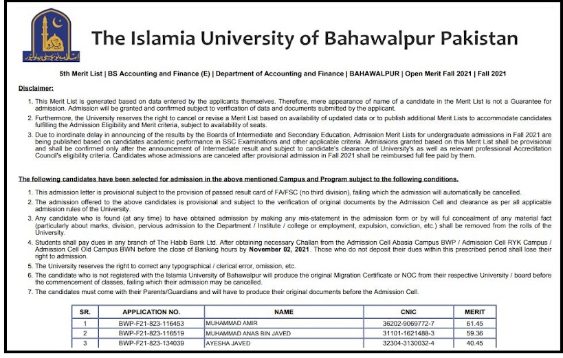 The Islamia University of Bahawalpur IUB Main Campus  BS Program (Evening ) 5th  Merit List Upload Fall Admissions 2021