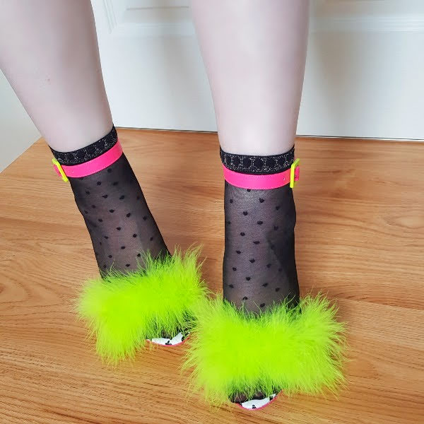 wearing spot ankle socks with marabou feather trim sandals and neon strap