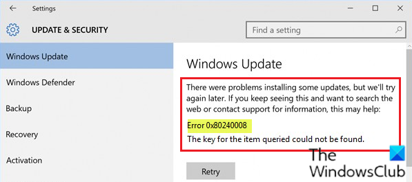Errore di Windows Update 0x80240008