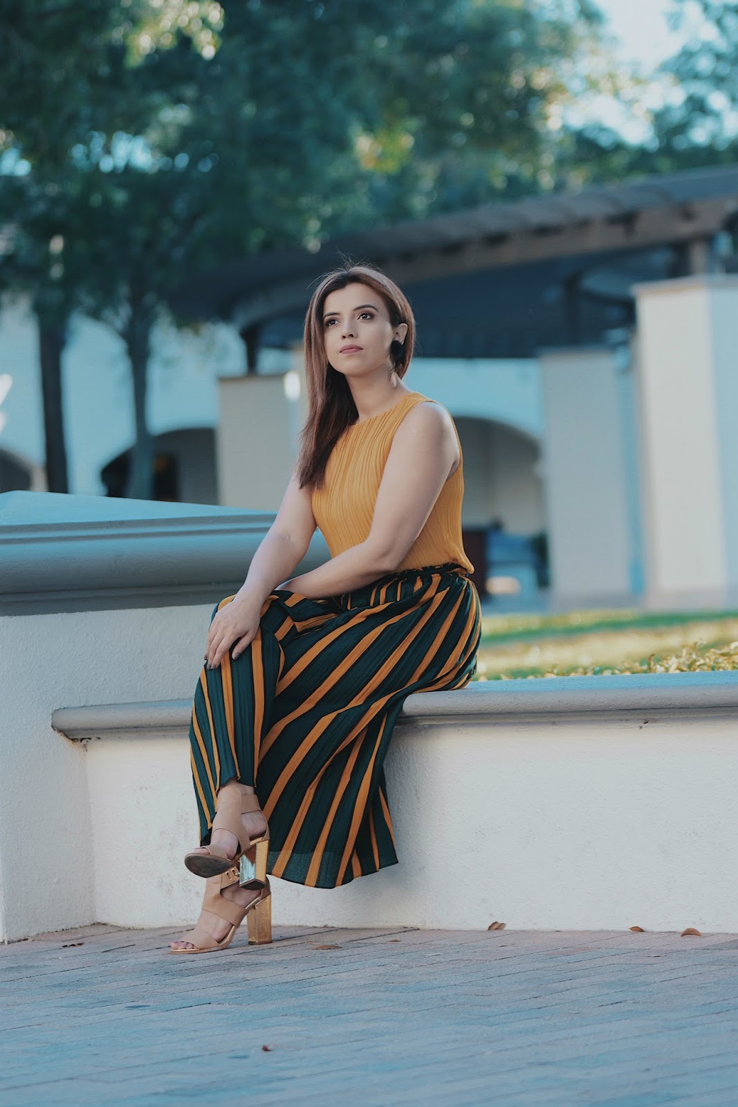 Pleated Top With Color Block Striped Gaucho Pants by Mari Estilo