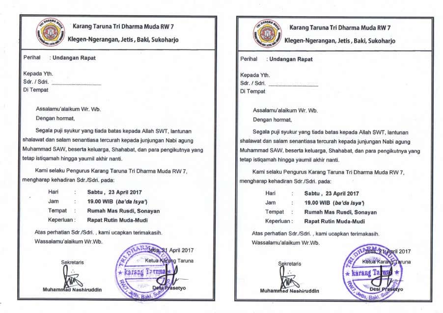 Contoh Undangan Karang Taruna Untuk Perangkat Desa - TRIPROFIK.COM