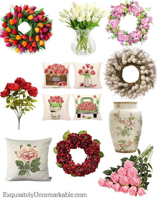 Floral arrangements, wreath, bushels and pillows collage