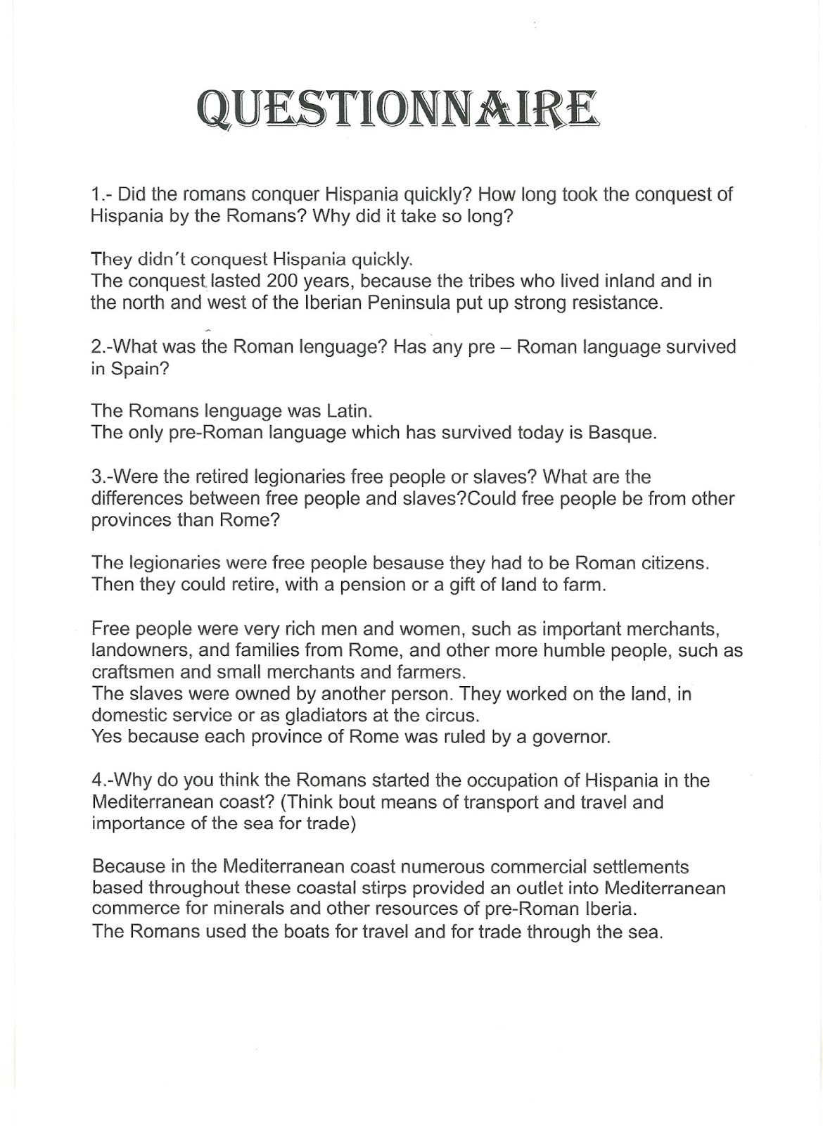 TIME Detective Agency: Roman Hispania: Questionnaire
