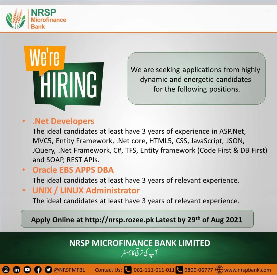 NRSP Microfinance Bank Jobs 2021 -Apply at http://nrsp.rozee.pk/