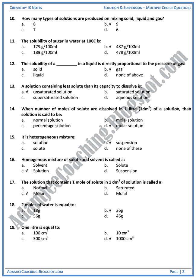 Adamjee Coaching Solution and Suspension MCQs Chemistry IX