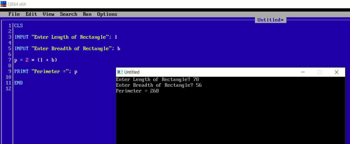 QBASIC Program for Perimeter of Rectangle