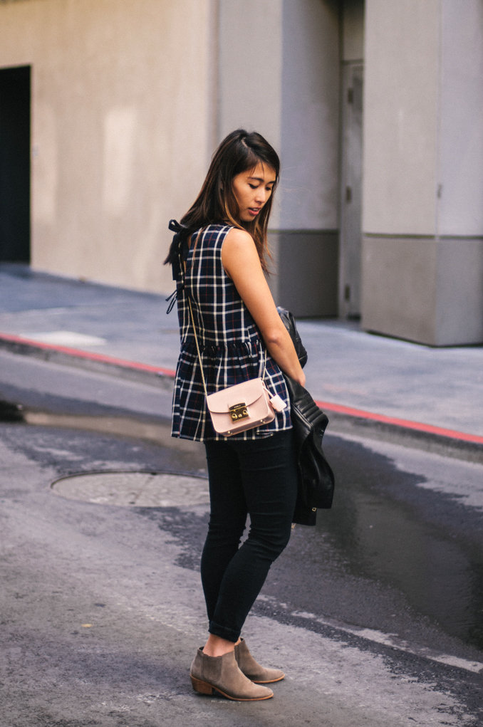 San Francisco Fashion Blogger wearing Zara gathered waist top and furla metropolis crossbody