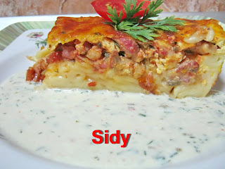 Gratin de paste cu pui, ciuperci si bacon