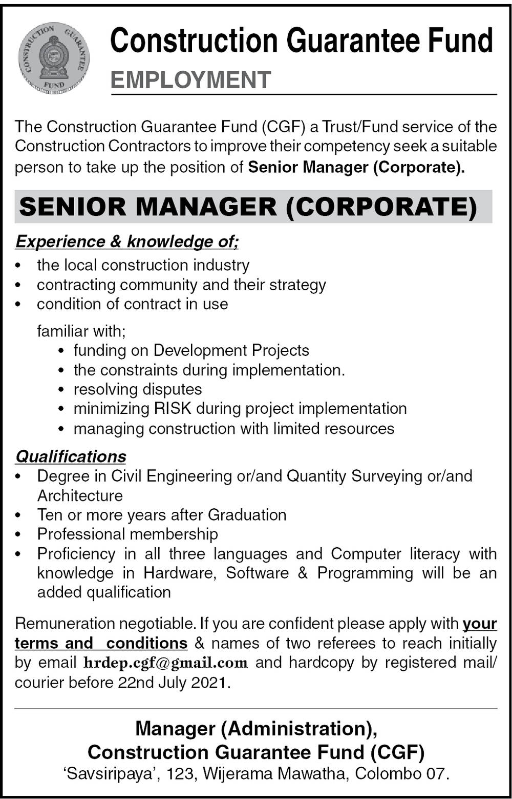 Senior Manager Construction Guarantee Fund Job Vacancies Sri Lanka