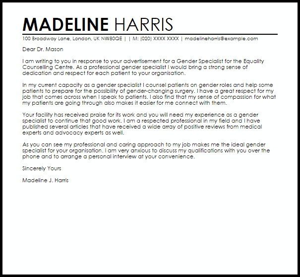 Sample Cover Letter For Gender Advisor Position Sample Letter