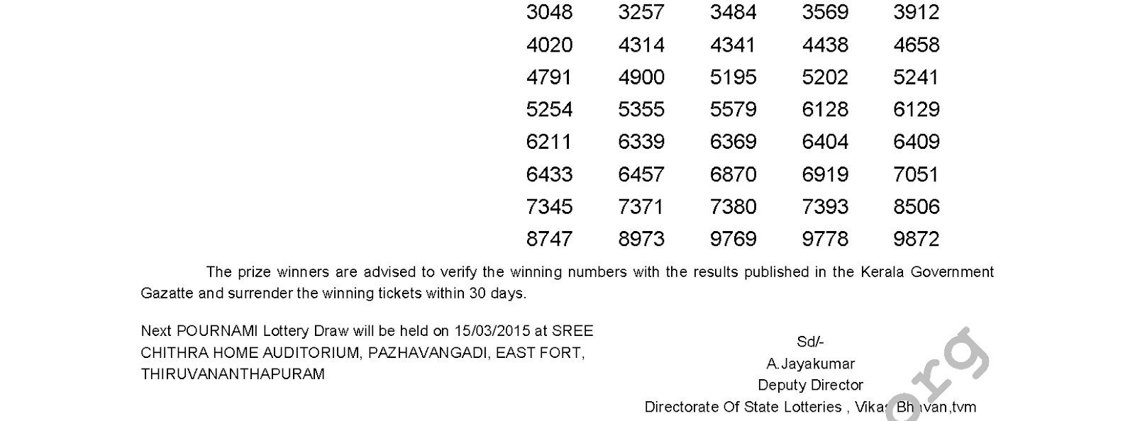 POURNAMI Lottery RN 175 Result 8-3-2015