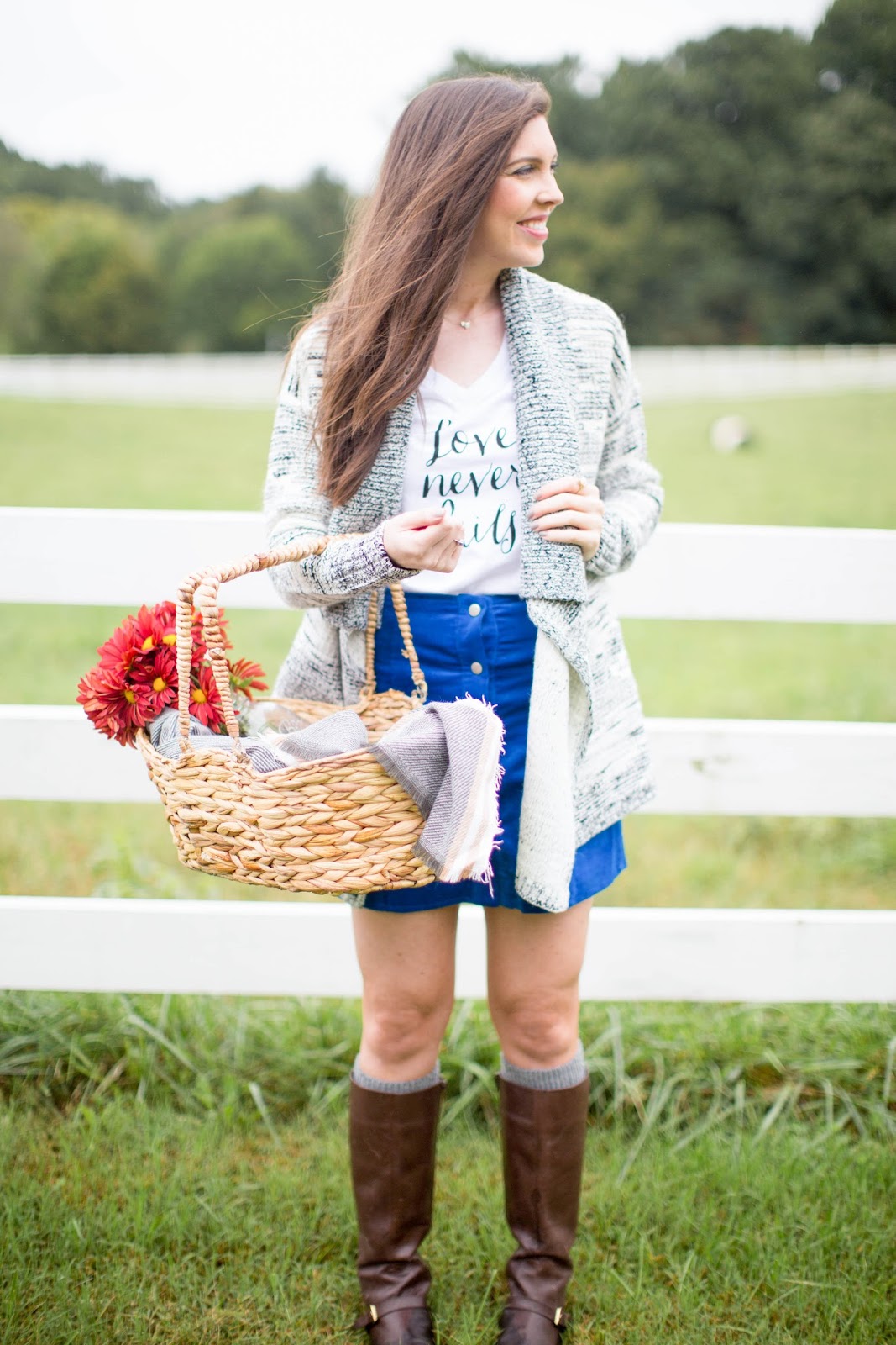 southern weddings photoshoot, fall picnic, riding boots, fearrington village, picnic basket outfit, love never fails tee, fall picnic, asos corduroy skirt, LOFT cardigan, southern fashion blogger, pretty in the pines, raleigh