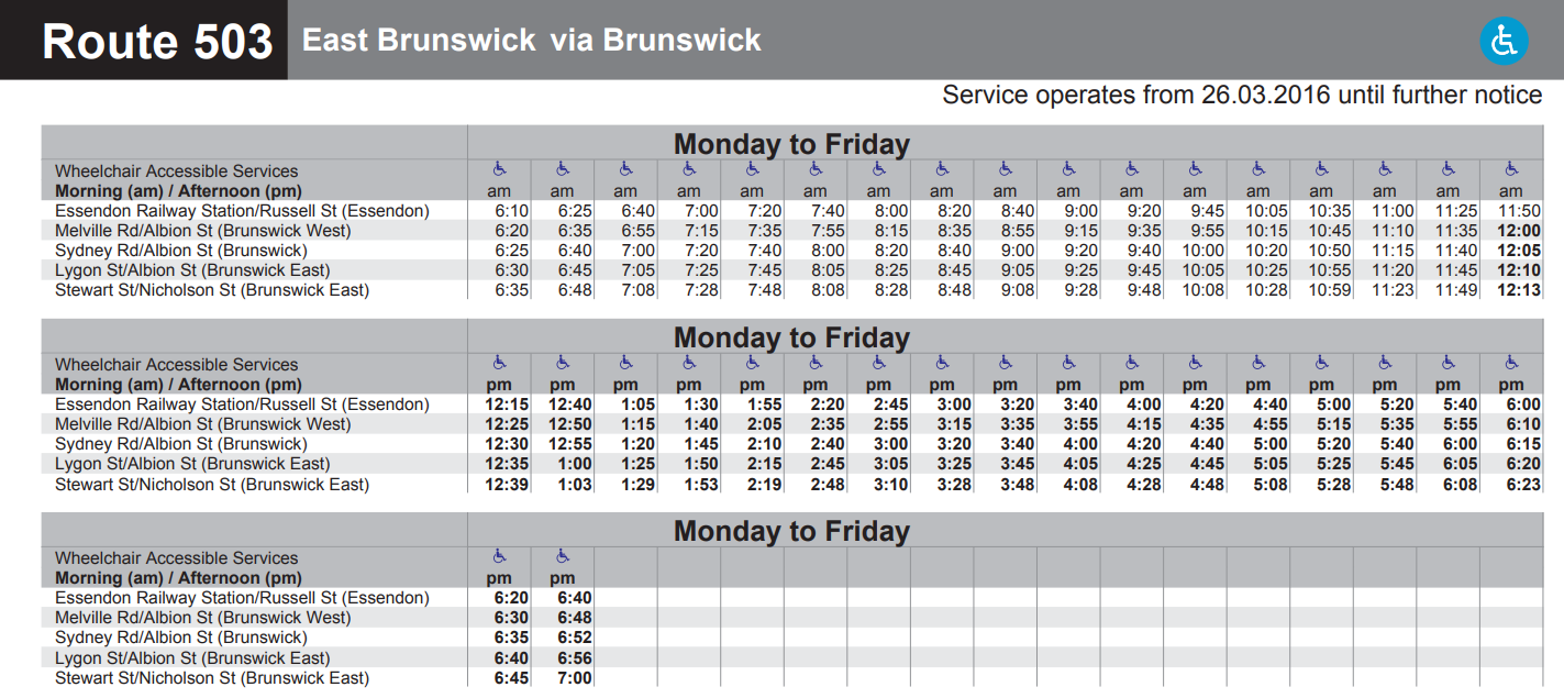 Melbourne on Transit Timetable Tuesday 40 Route 503 the "last mile