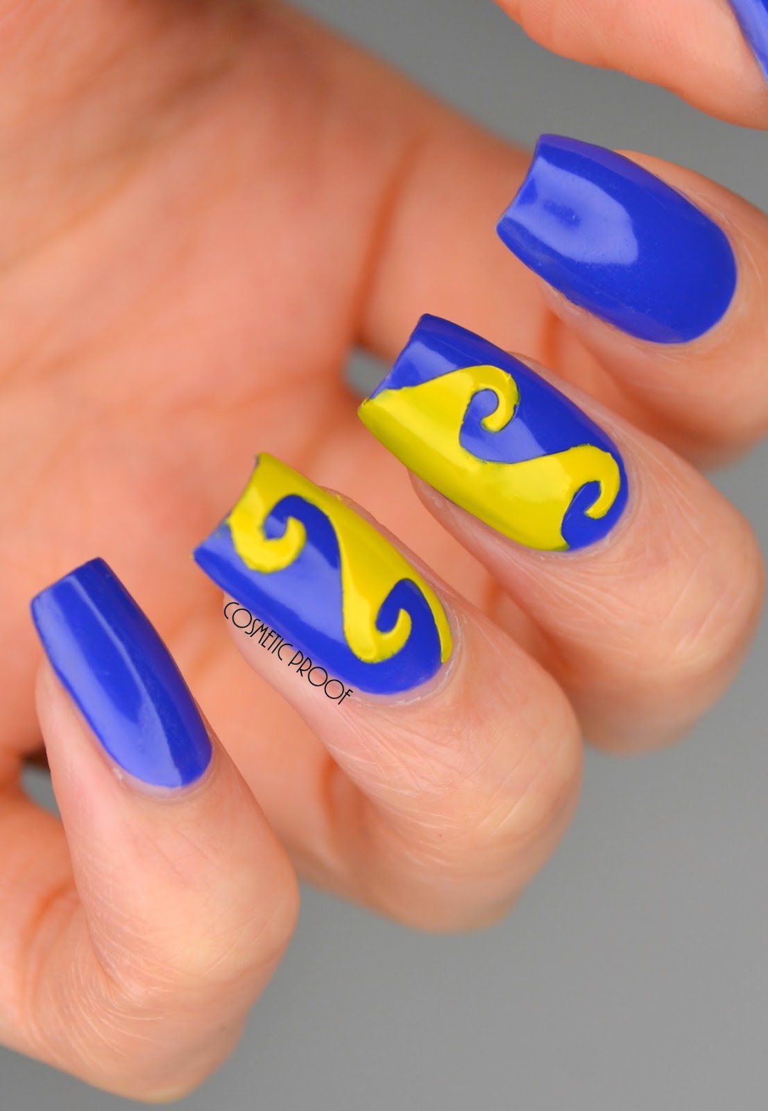 NAILS CND Vinylux Blue Eyeshadow Swatch and Swirly Yellow Nail Art