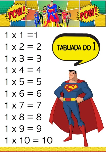 Cartaz educativo - Tabuada de Multiplicação - Super-herói Ludilabel