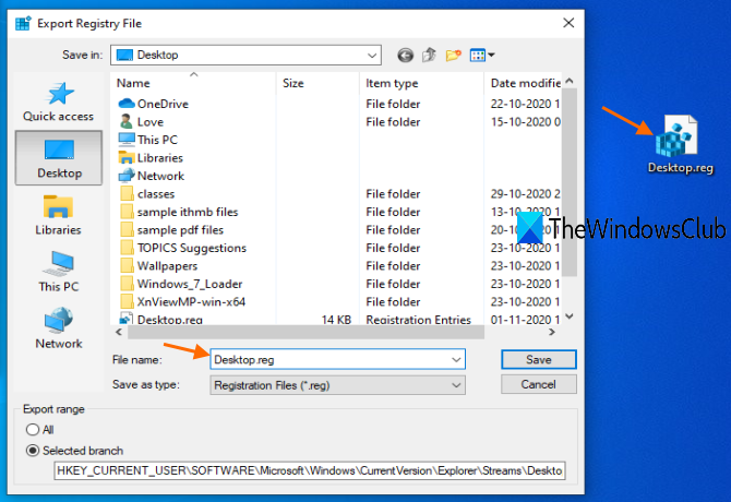 enregistrer la clé de registre en tant que fichier desktop.reg