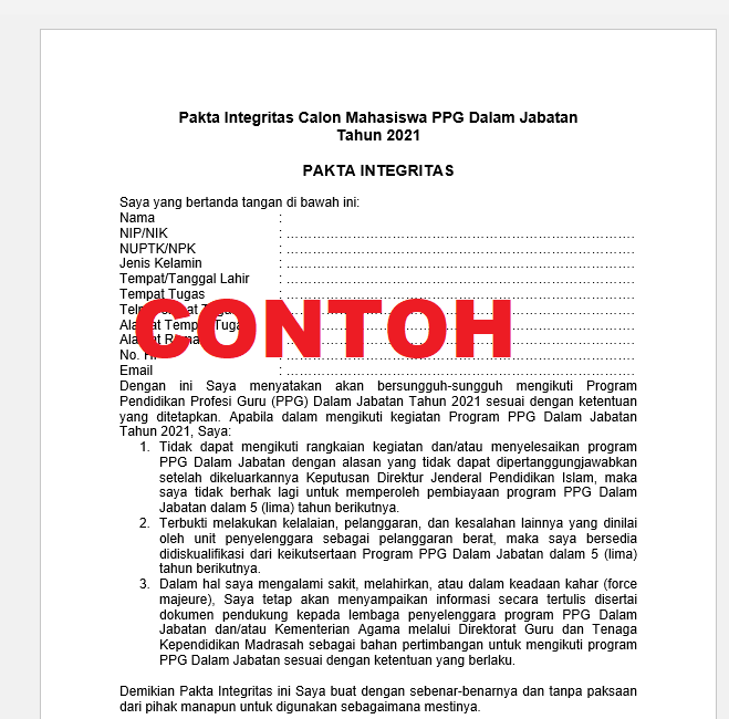 Pakta Integritas Calon Mahasiswa PPG Dalam Jabatan Tahun 2021 - Beragam