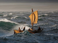 Boat in storm on Sea of Galilei