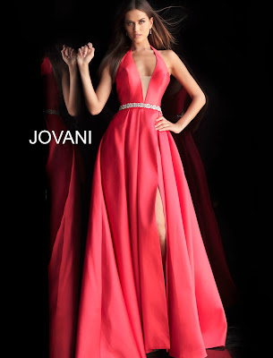 Red Color Halter Neck Embellished belt Gown Jovani Red Carpet dress