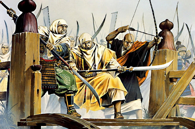 Монахи-воины в битве при Удзи, 1180 год.  Художник Уэйн Рейнольдс