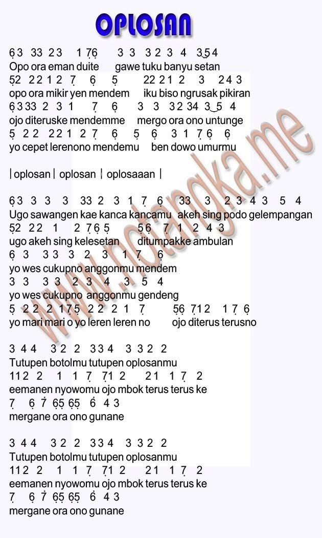 not angka OPLOSAN | Not Angka Lagu