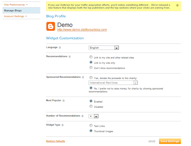 outbrain settings page