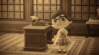 A sepia colored screenshot of Animal Crossing where the character is dressed up like Flannery O'Connor and stands near an antique desk with a typewriter on it.