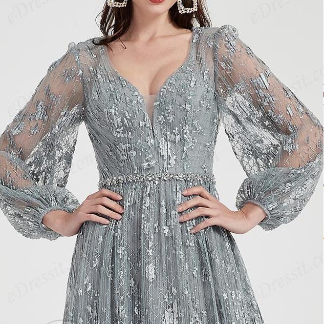 long sleeves grey lace evening dress