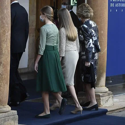 Queen Letizia wore a flower embellished long sleeved dress from Delpozo. Crown Princess Leonor, Infanta Sofia and Queen Sofiaç Felipe Varela