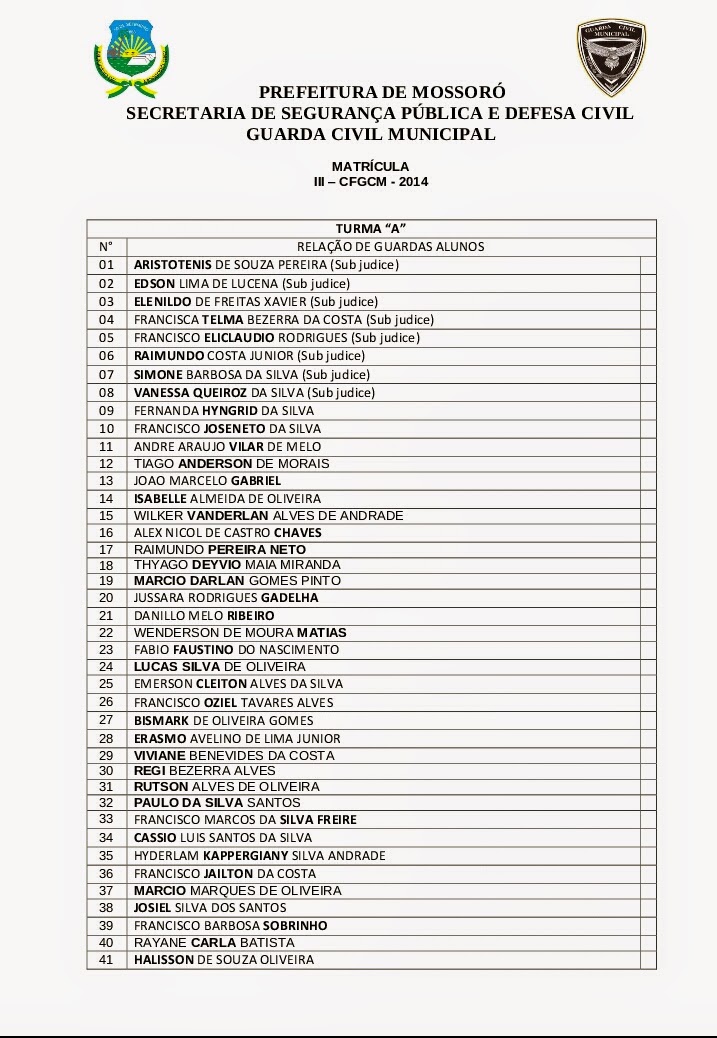 Lista com os nomes dos Guardas Alunos das turmas A e B (nome de guerra em negrito) Guarda Lista com os nomes dos Guardas Alunos das turmas A e B (nome de guerra em negrito) Guarda