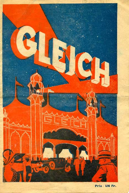 Programme papier du spectacle du Cirque Gleich en 1920 la couvreur représente la façade du cirque coloré de couleur s vive rouge et bleu