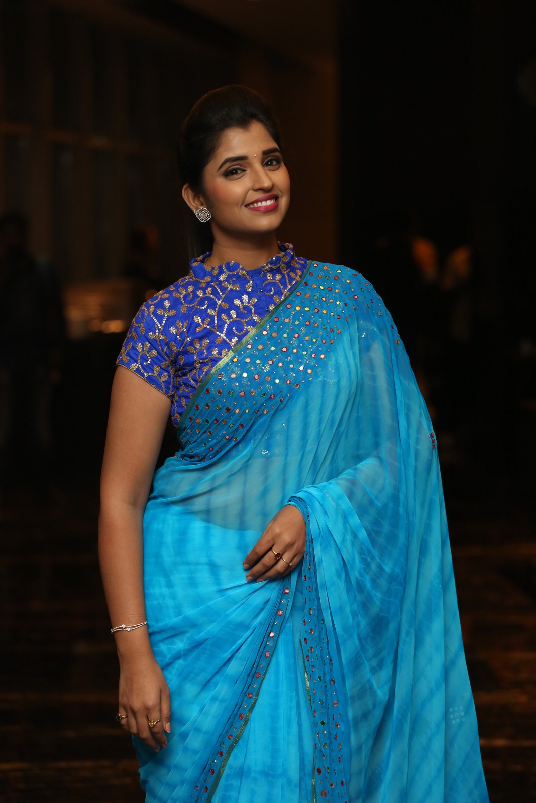 Anchor Shyamala Blue Designer Saree Stills - SET 2 | CineHub