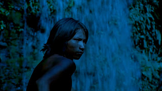 Imagem azulada e escura de um rapaz indígena de cabelo preto liso à altura dos ombros, olhos levemente puxados, nariz largo, boca fina e bem desenhada, pele acobreada. Ele está de costas, mas torce o corpo para olhar para trás. Preenchendo o fundo da imagem há uma grande cachoeira.