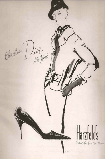 1950s Harzfeld's ad feturing illustration of model in Dior Suit and Shoes