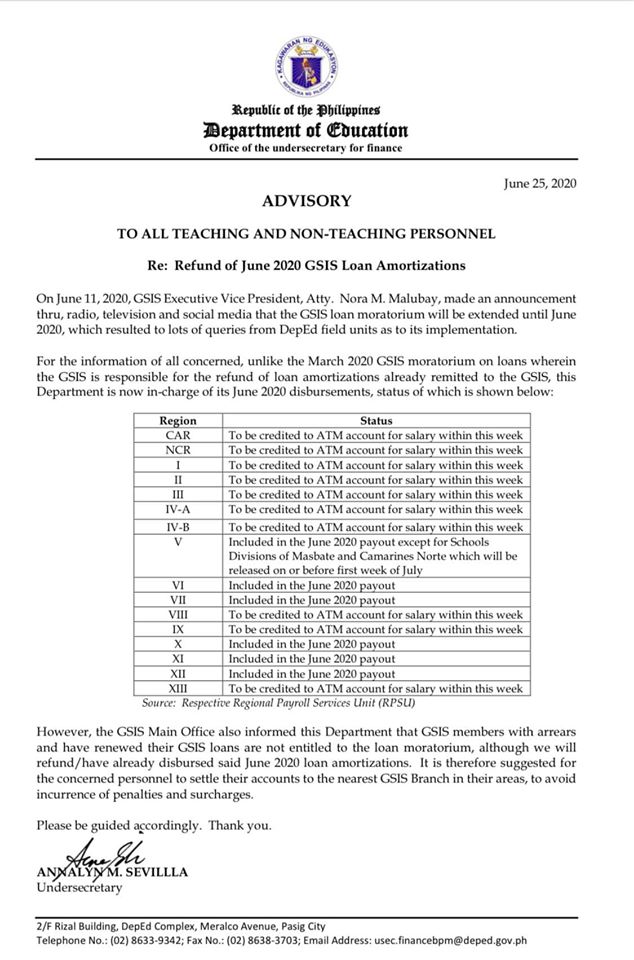 Update on Refund of June 2020 GSIS Loan Amortizations DEPEDTAMBAYANPH
