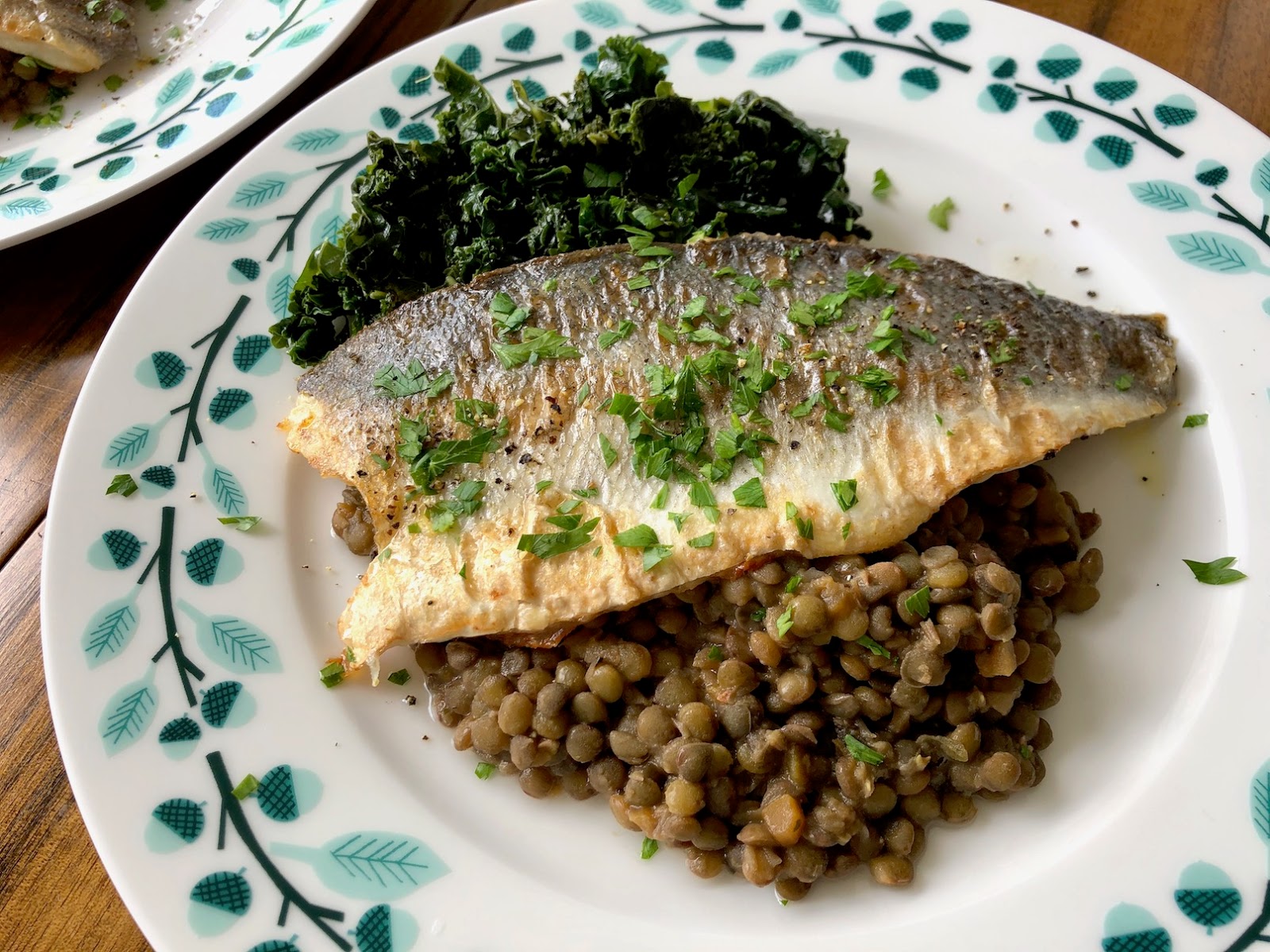PanSeared Sea Bass with Green Lentils & Kale