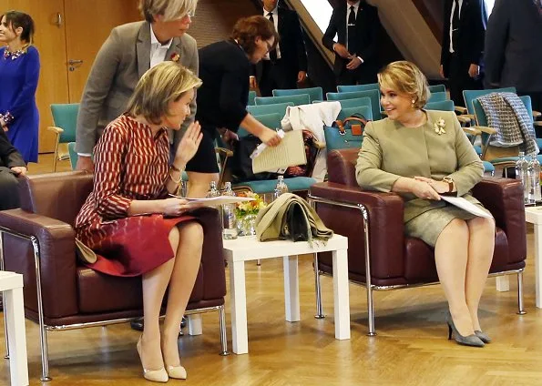 Queen Mathilde, Grand Duchess Maria Teresa and Hereditary Princess Sophie attend meeting at Neumunster Abbey in Luxembourg