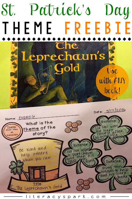 Free graphic organizer for teaching theme with any St. Patrick’s Day picture book.  Students need to record the title, theme, and three pieces of evidence from the text to explain their thinking.