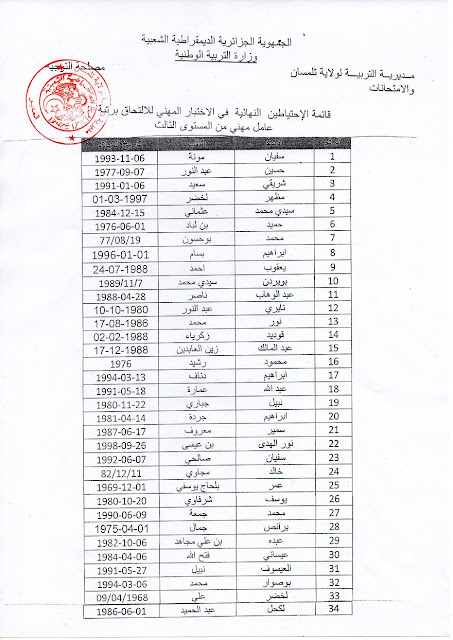 نتائج عامل مهني من المستوى الثالث 2016-2017 مديرية التربية لولاية تلمسان 03