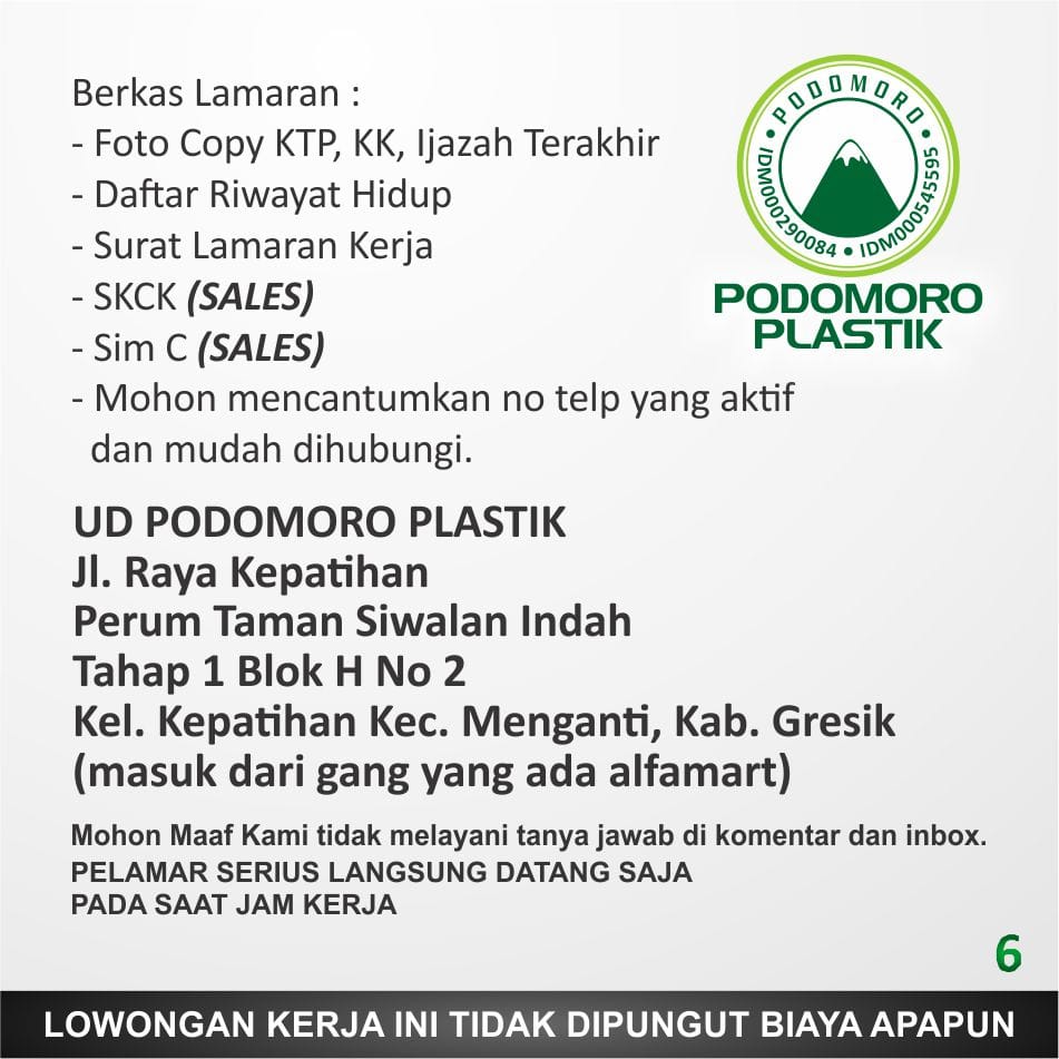 Lowongan Kerja Surabaya Terbaru di UD. Podomoro Plastik Lowongan Kerja Surabaya Terbaru di UD. Podomoro Plastik