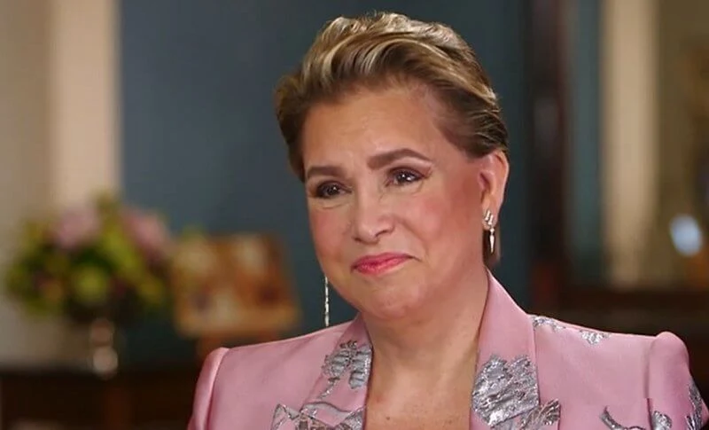 Grand Duchess Maria Teresa wore a floral brocade blazer from Alexander McQueen for this interview