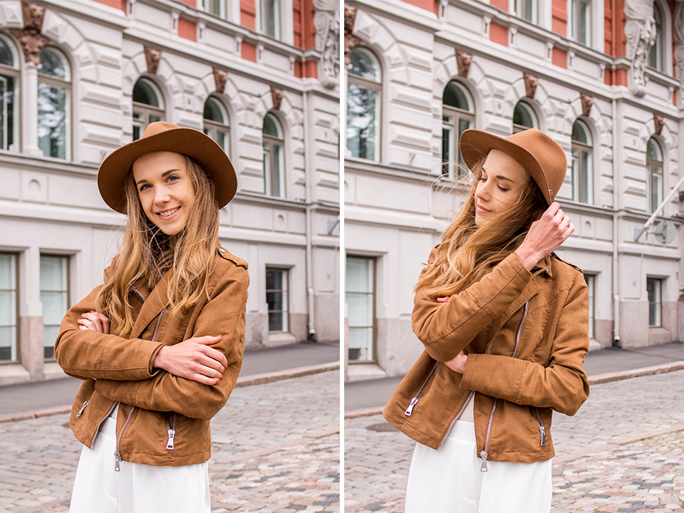 Transitional outfit with white trousers, tan suedette jacket and fedora hat - Valkoiset housut, ruskea tekomokkatakki, ruskea hattu