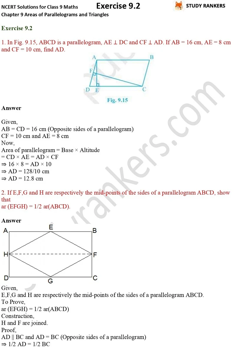 NCERT Solutions for Class 9 Maths Chapter 9 Areas of Parallelograms and Triangles Exercise 9.2 Part 1