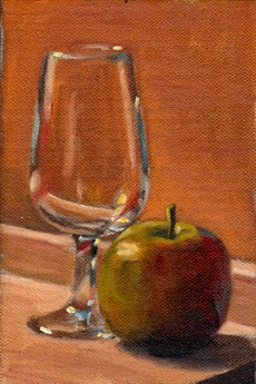 Oil painting of a Pink Lady apple beside an ISO tasting glass, both on a cutting board and illuminated by the morning sun.