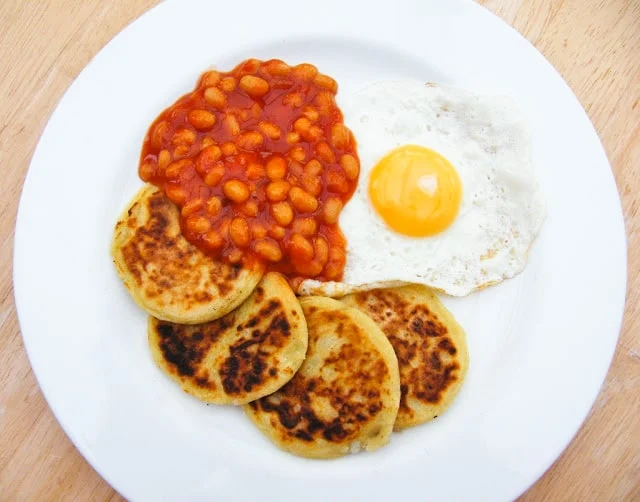Scottish Tattie Scones in a cooked breakfast with beans and eggs
