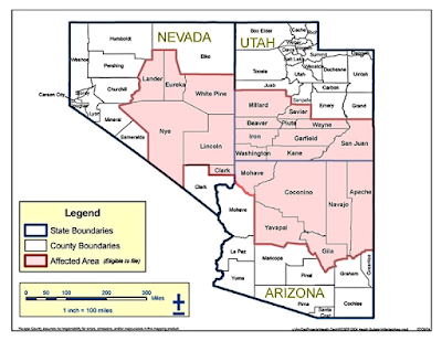 Nuclear Testing Fallout Map - Nevada, Utah and Arizona