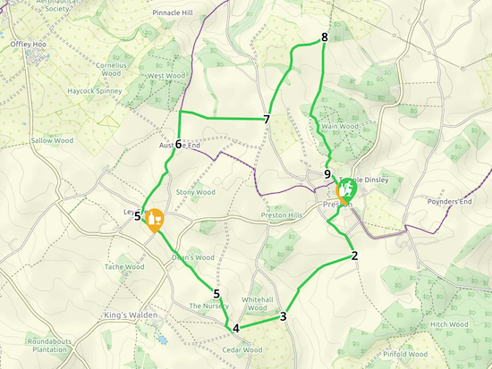 Map for Walk 107: Preston W Loop  Created on Map Hub by Hertfordshire Walker Elements © Thunderforest © OpenStreetMap contributors See the interactive map below the directions for KML and GPX details